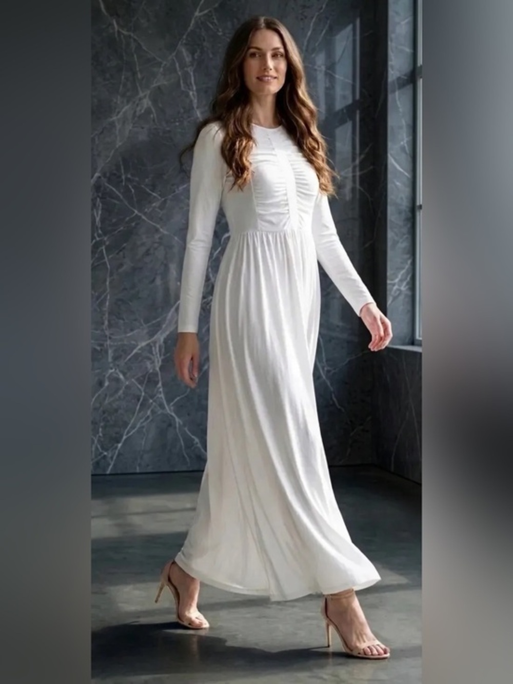 White Elegance Adagio Maxi Dress Elegant Ruched Bodice Sz L Special occasions